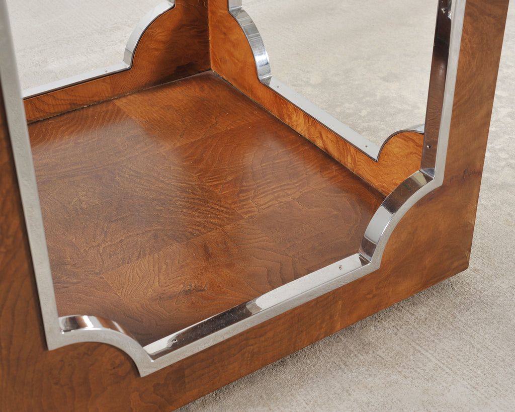 Pair of Bernhardt Soho Luxe Burlwood Steel Cube Drink Tables