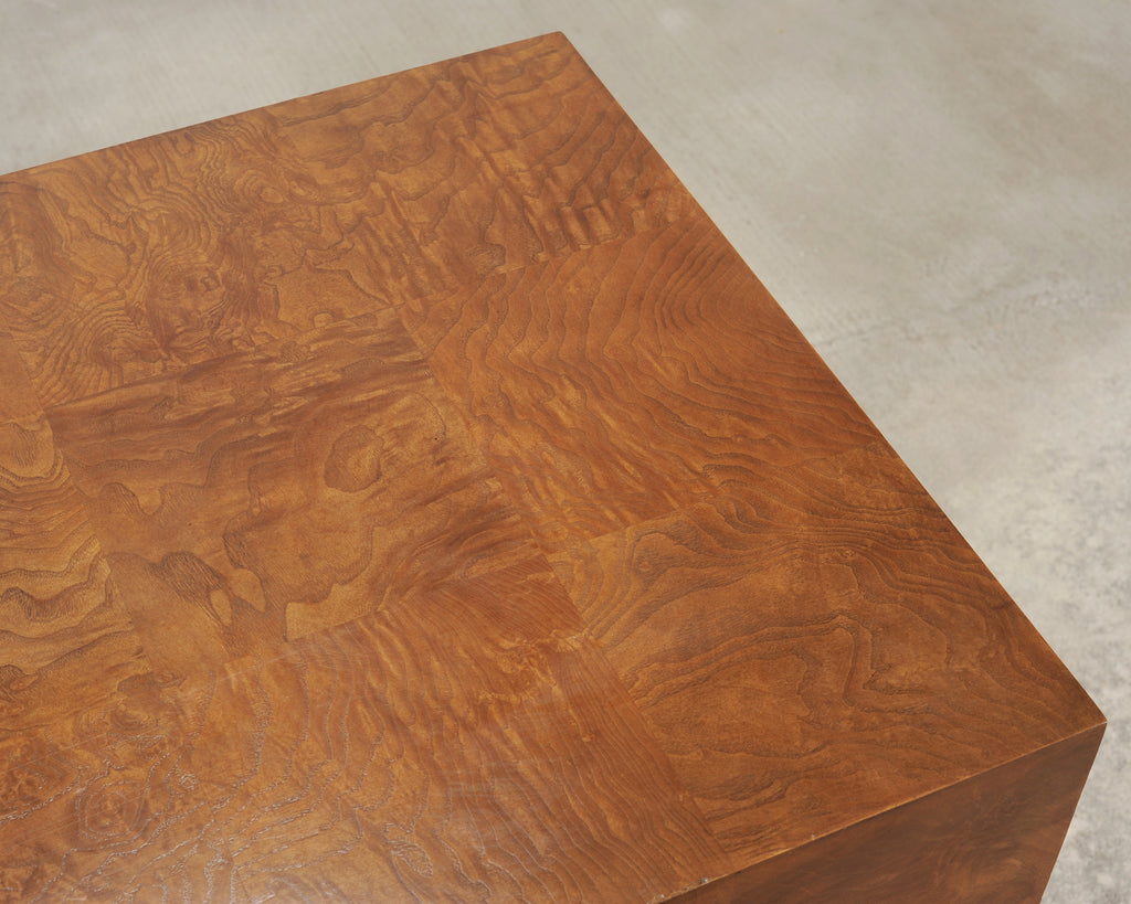 Pair of Bernhardt Soho Luxe Burlwood Steel Cube Drink Tables