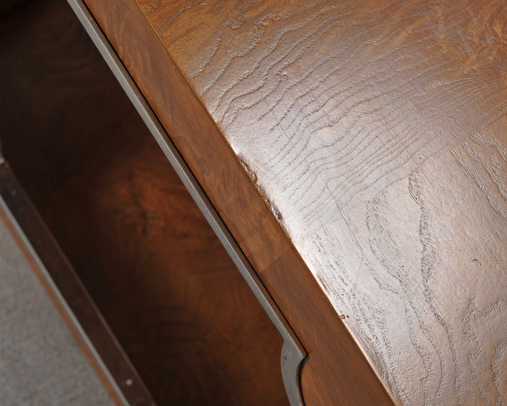 Pair of Bernhardt Soho Luxe Burlwood Steel Cube Drink Tables