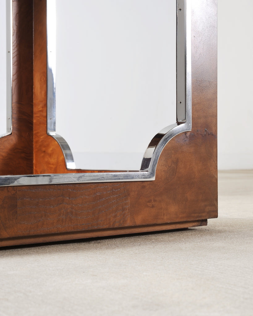 Pair of Bernhardt Soho Luxe Burlwood Steel Cube Drink Tables