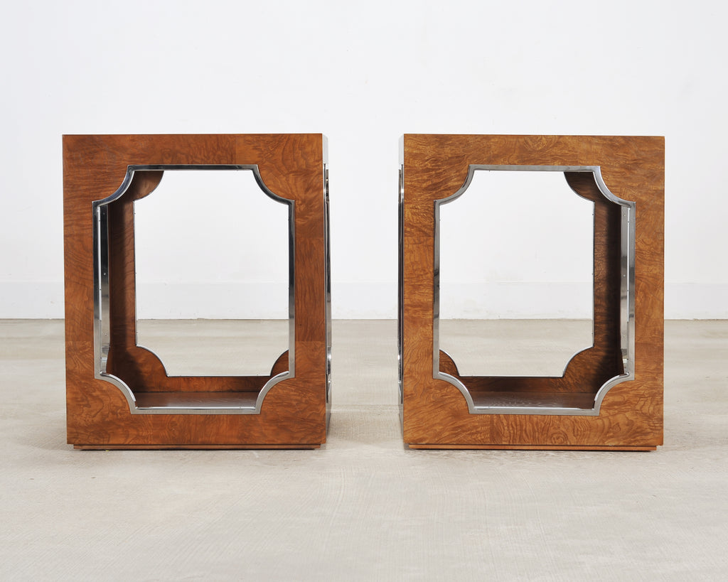 Pair of Bernhardt Soho Luxe Burlwood Steel Cube Drink Tables