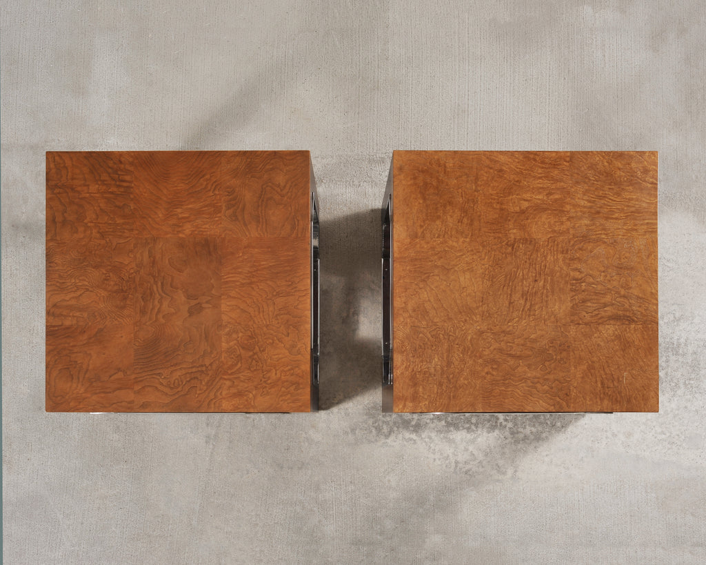 Pair of Bernhardt Soho Luxe Burlwood Steel Cube Drink Tables