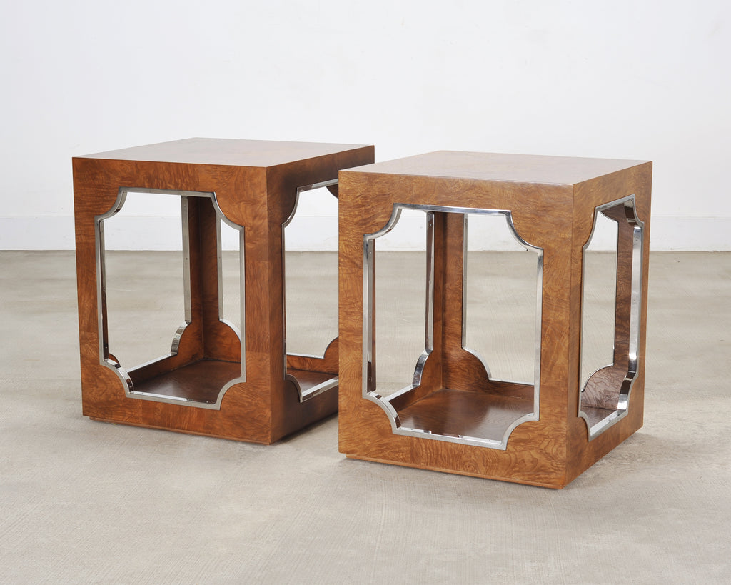 Pair of Bernhardt Soho Luxe Burlwood Steel Cube Drink Tables