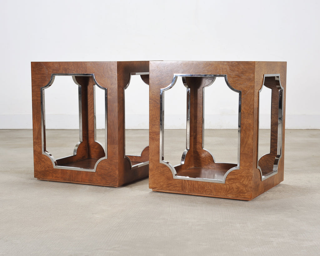 Pair of Bernhardt Soho Luxe Burlwood Steel Cube Drink Tables