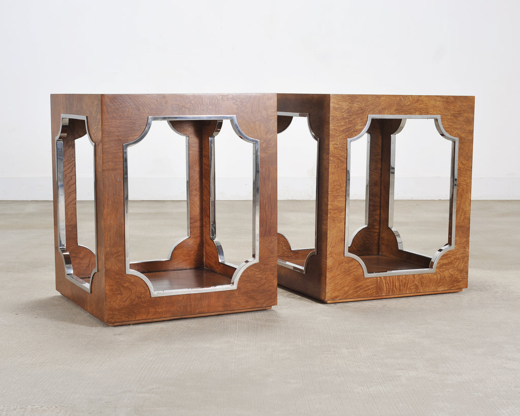 Pair of Bernhardt Soho Luxe Burlwood Steel Cube Drink Tables