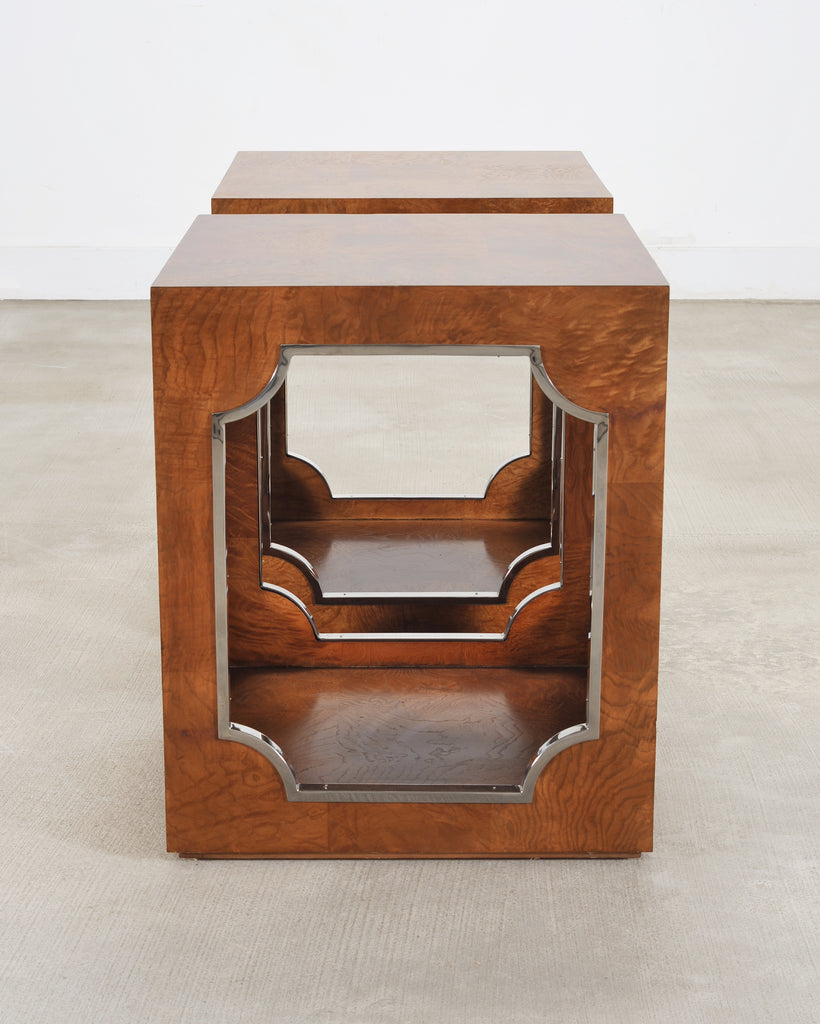 Pair of Bernhardt Soho Luxe Burlwood Steel Cube Drink Tables