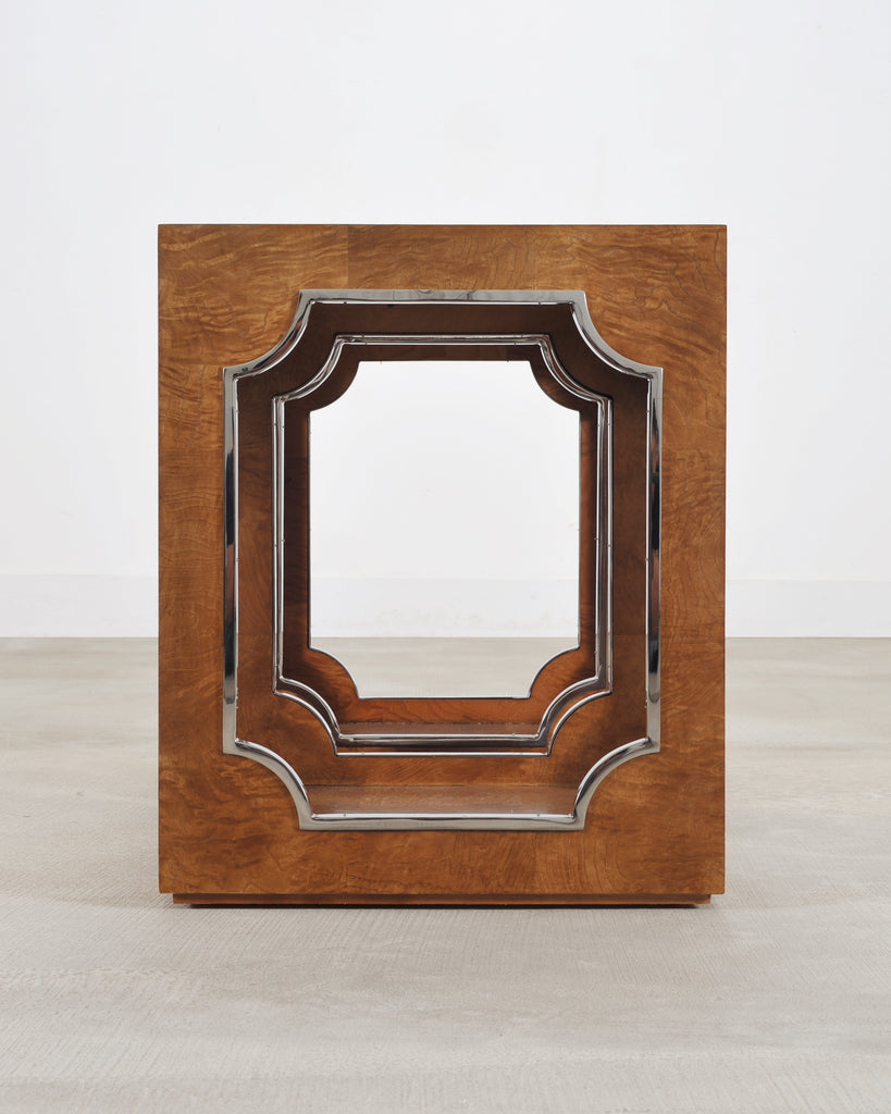 Pair of Bernhardt Soho Luxe Burlwood Steel Cube Drink Tables