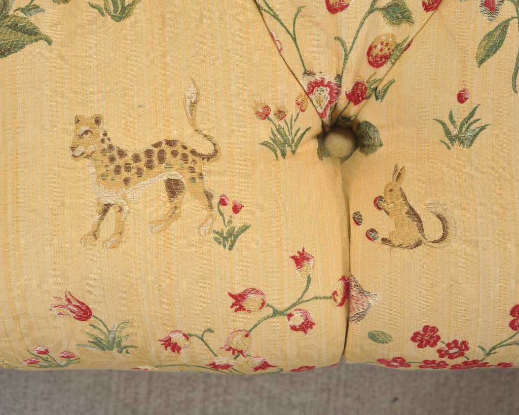 Pair of Tufted Lounge Chairs + Ottoman in Butter Print Fabric