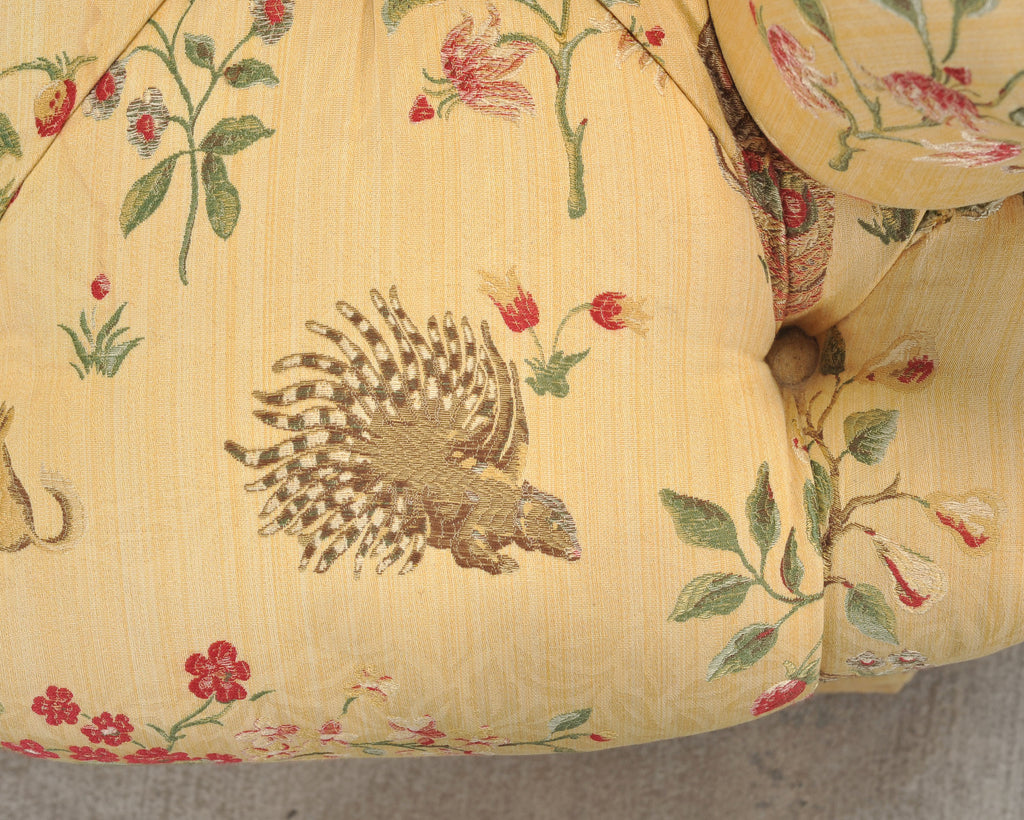 Pair of Tufted Lounge Chairs + Ottoman in Butter Print Fabric