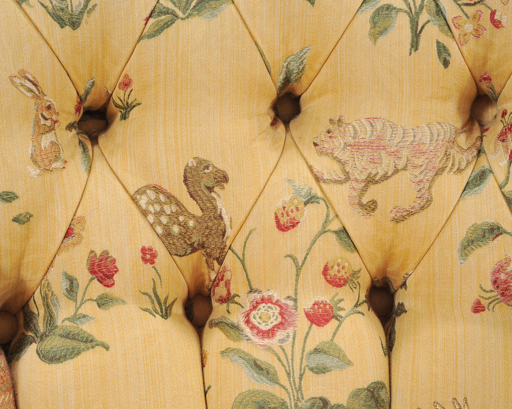 Pair of Tufted Lounge Chairs + Ottoman in Butter Print Fabric