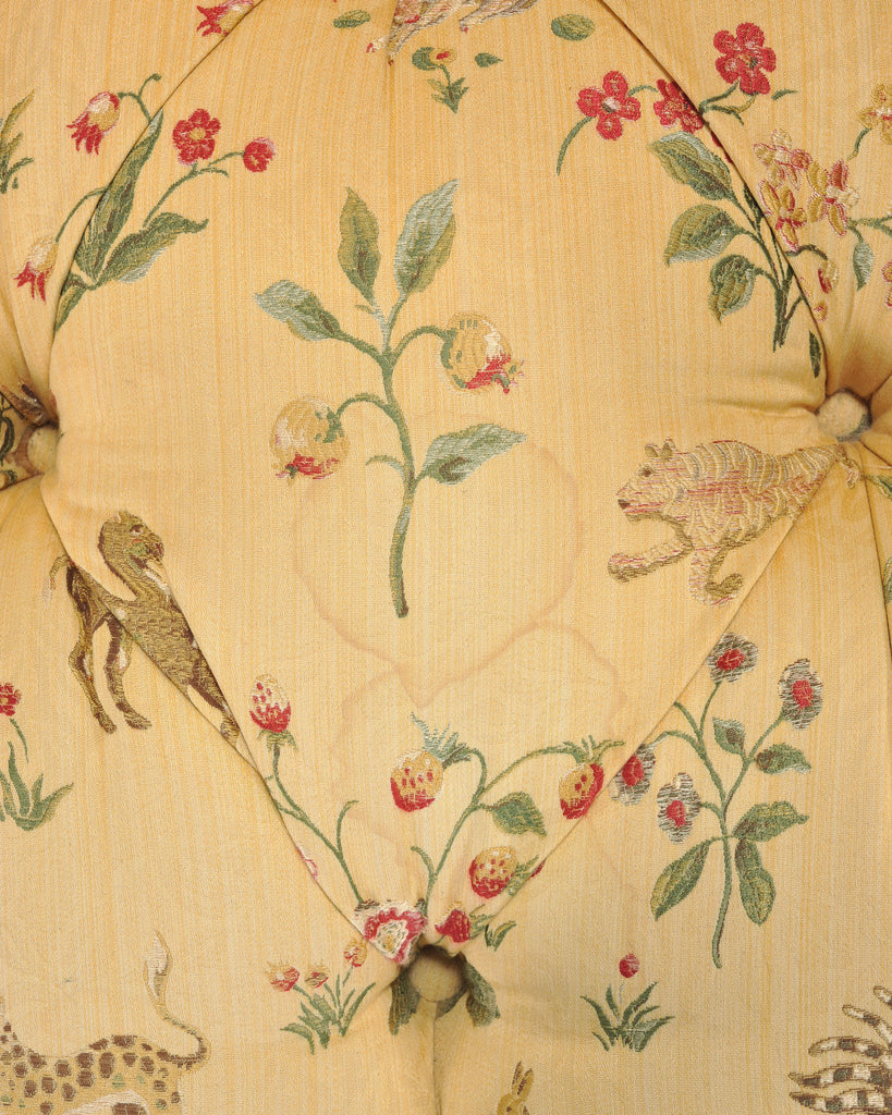 Pair of Tufted Lounge Chairs + Ottoman in Butter Print Fabric