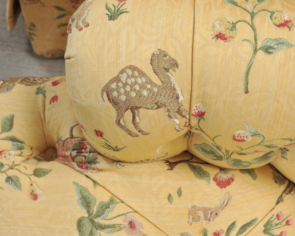 Pair of Tufted Lounge Chairs + Ottoman in Butter Print Fabric