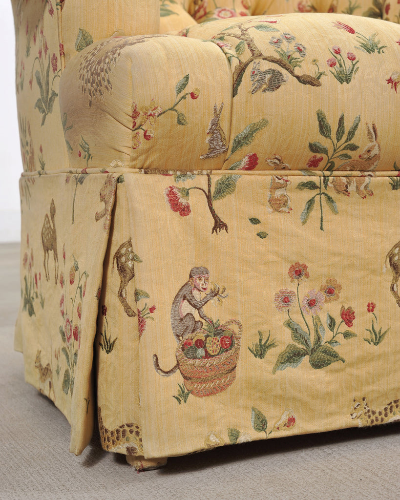 Pair of Tufted Lounge Chairs + Ottoman in Butter Print Fabric