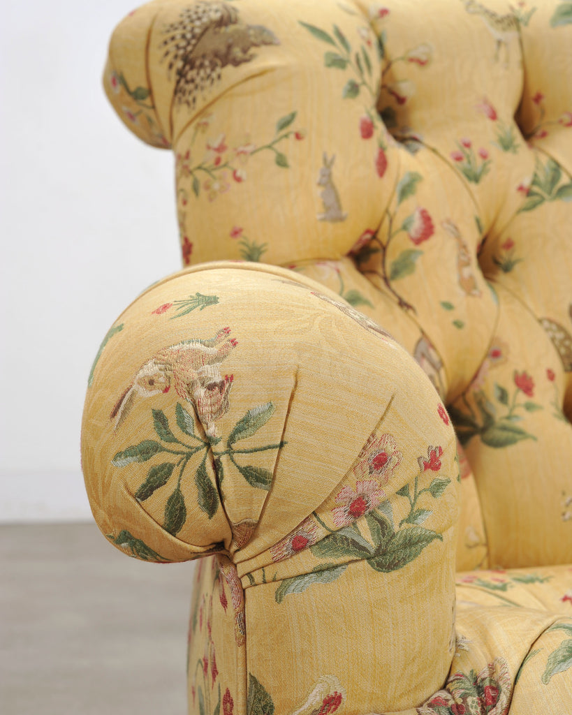 Pair of Tufted Lounge Chairs + Ottoman in Butter Print Fabric