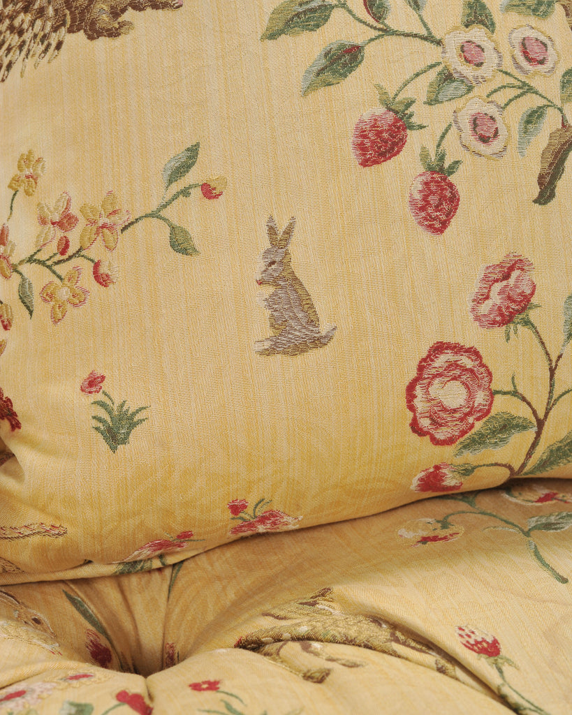 Pair of Tufted Lounge Chairs + Ottoman in Butter Print Fabric