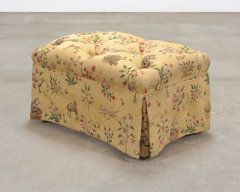 Pair of Tufted Lounge Chairs + Ottoman in Butter Print Fabric