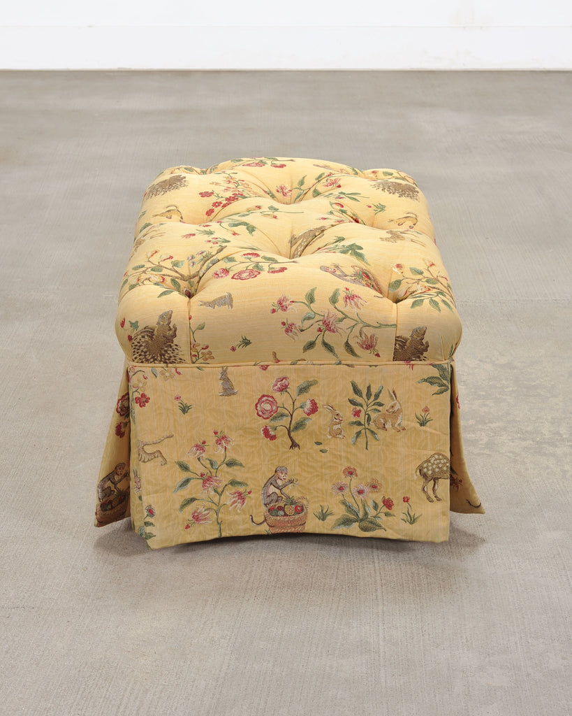 Pair of Tufted Lounge Chairs + Ottoman in Butter Print Fabric