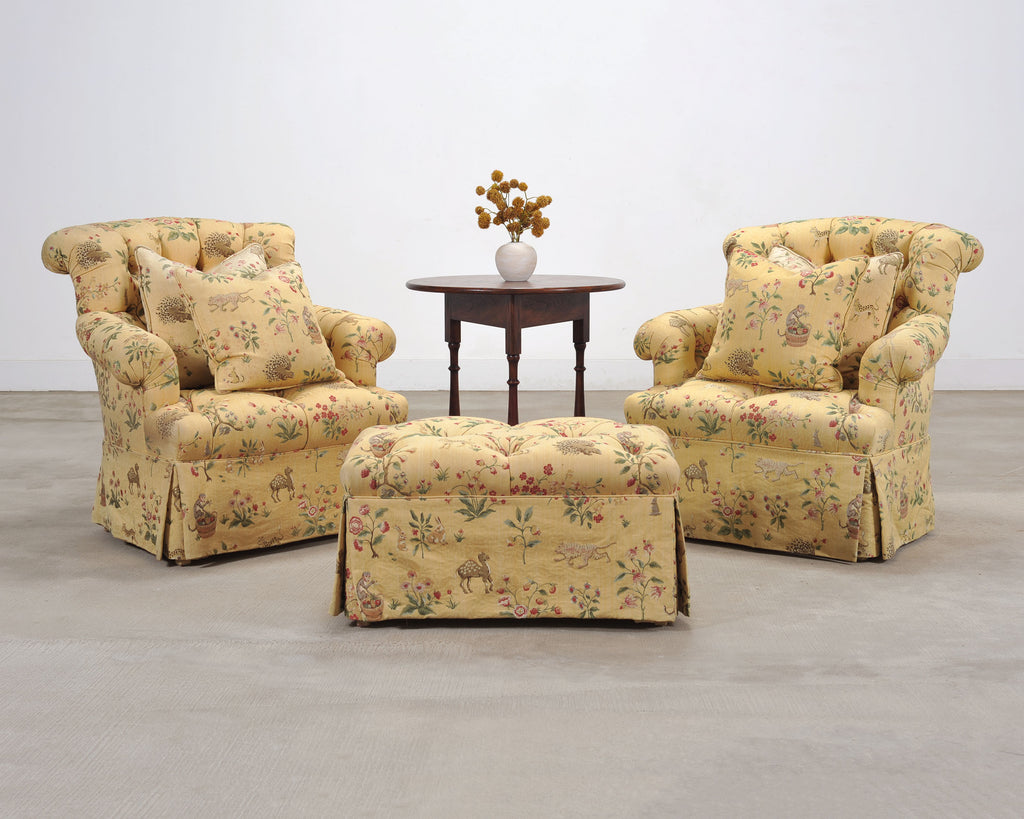 Pair of Tufted Lounge Chairs + Ottoman in Butter Print Fabric