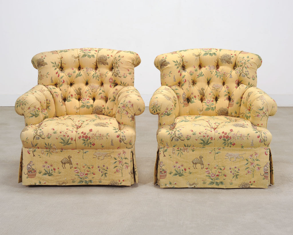 Pair of Tufted Lounge Chairs + Ottoman in Butter Print Fabric