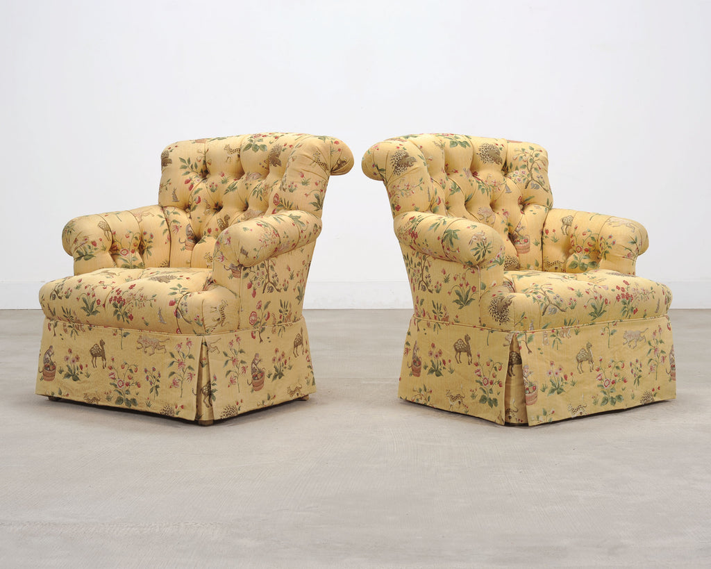 Pair of Tufted Lounge Chairs + Ottoman in Butter Print Fabric
