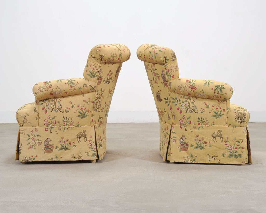 Pair of Tufted Lounge Chairs + Ottoman in Butter Print Fabric