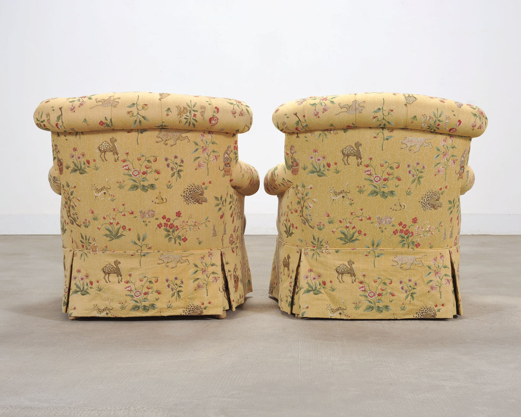 Pair of Tufted Lounge Chairs + Ottoman in Butter Print Fabric