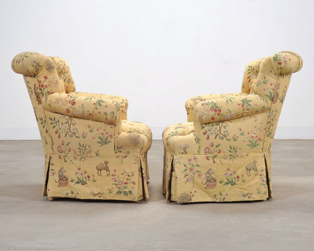 Pair of Tufted Lounge Chairs + Ottoman in Butter Print Fabric