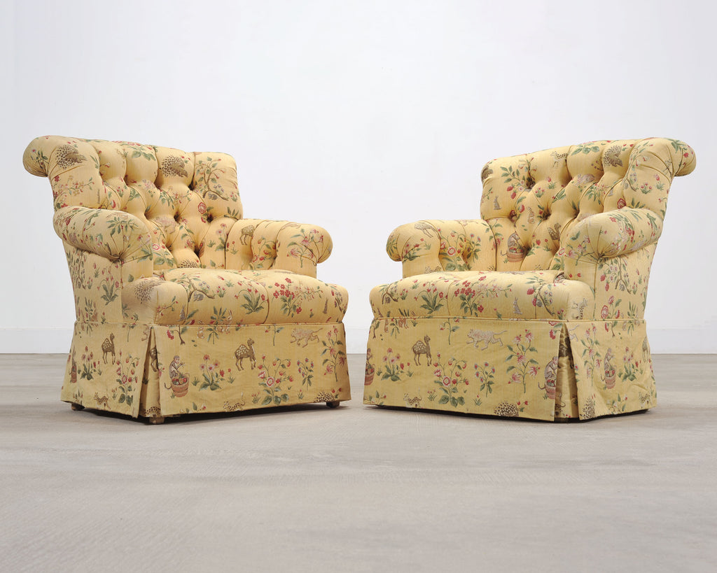 Pair of Tufted Lounge Chairs + Ottoman in Butter Print Fabric