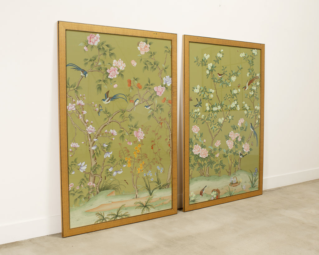 Pair of Chelsea House Edgedale Chinoiserie Painted Silk Panels