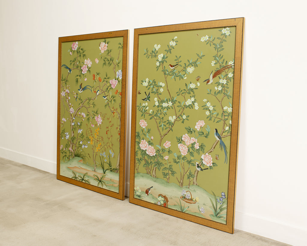 Pair of Chelsea House Edgedale Chinoiserie Painted Silk Panels