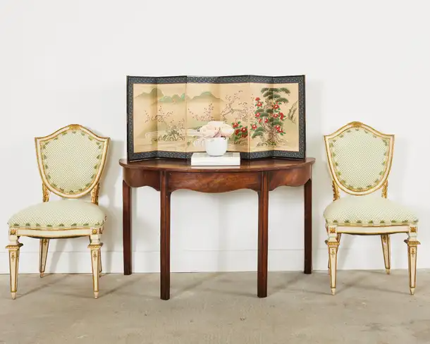 Set of Four Venetian Parcel Gilt Painted Shield Back Dining Chairs