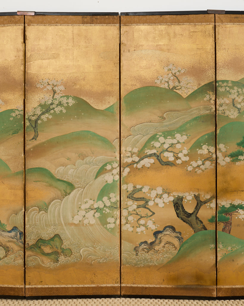 Pair of Japanese Kano Screens Flowering Cherry of Yoshino Mountain