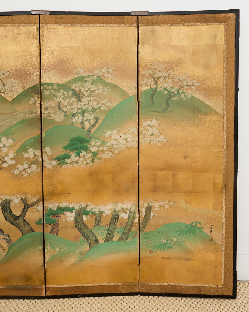 Pair of Japanese Kano Screens Flowering Cherry of Yoshino Mountain