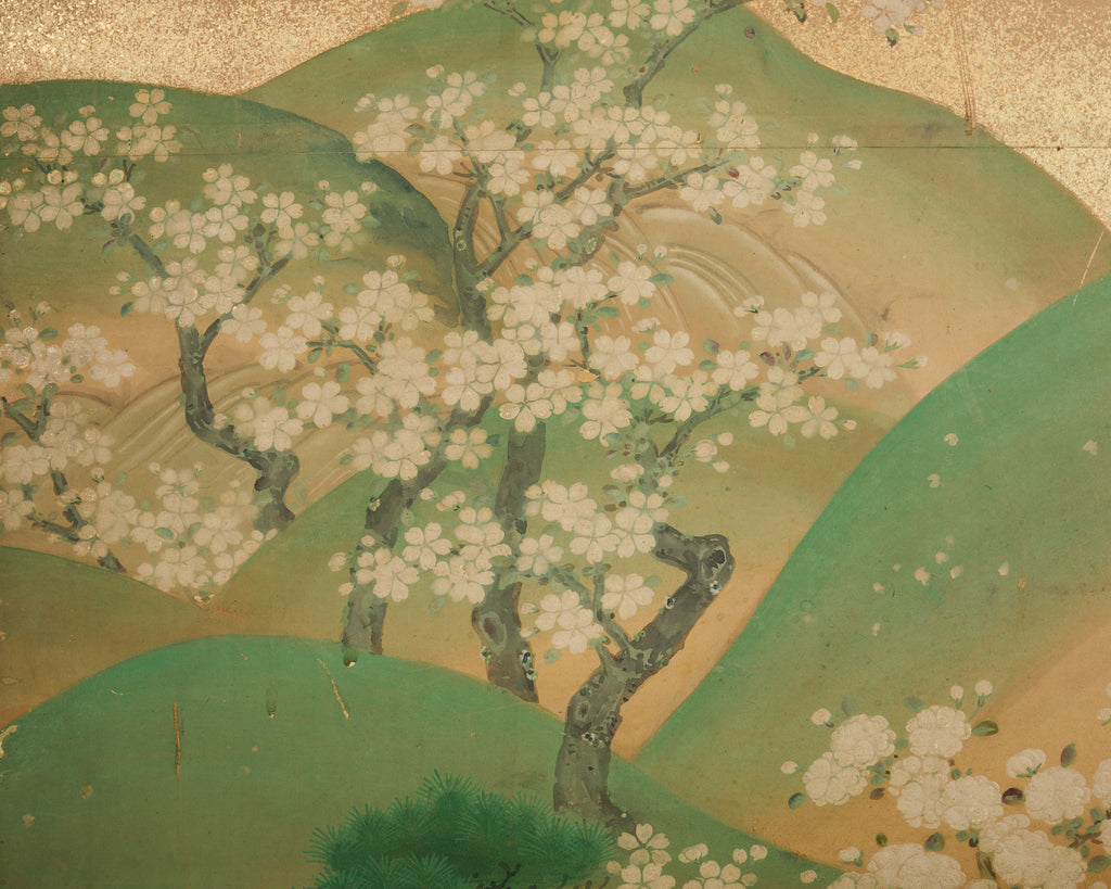 Pair of Japanese Kano Screens Flowering Cherry of Yoshino Mountain