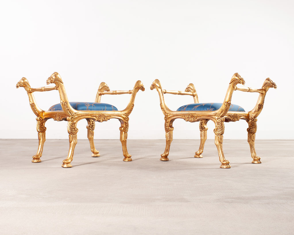 Pair of Italian Neoclassical Giltwood Camel Stool Benches