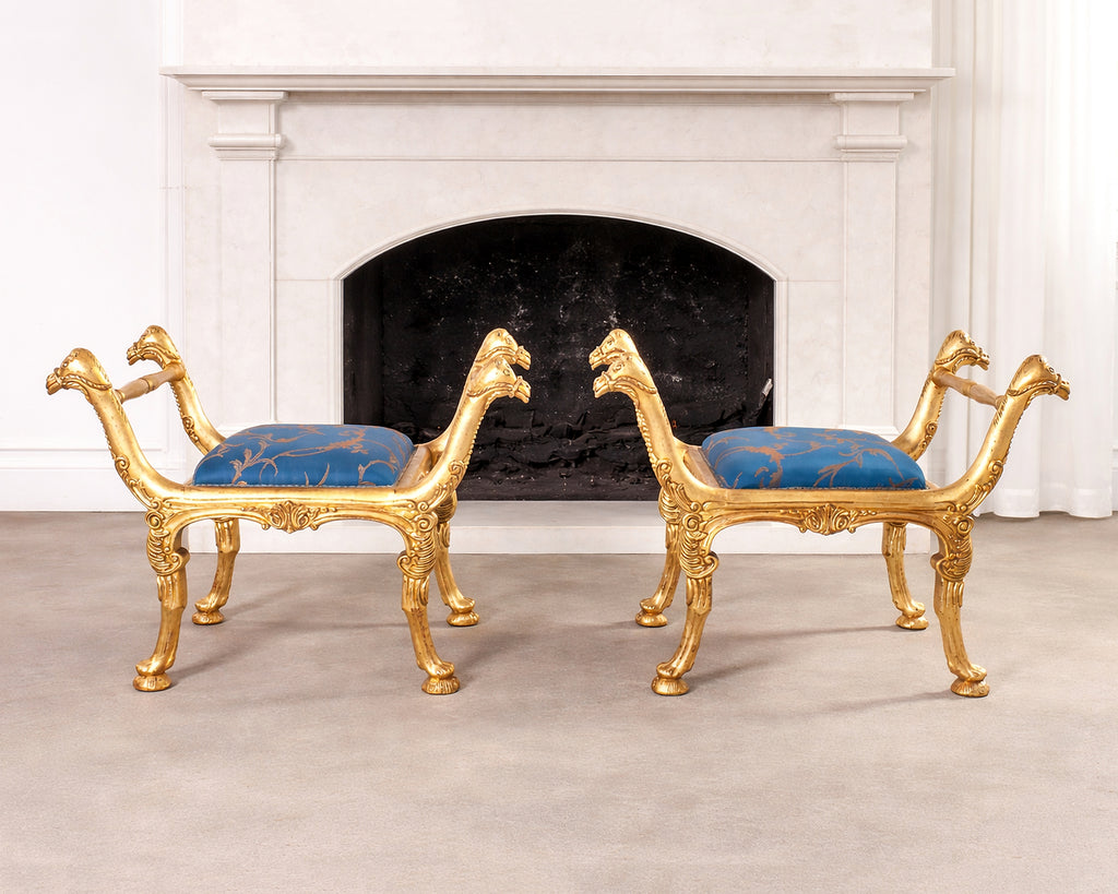 Pair of Italian Neoclassical Giltwood Camel Stool Benches