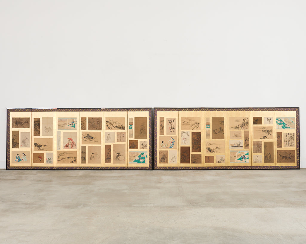 Pair Japanese Edo Six Panel Harimaze Decoupage Screens