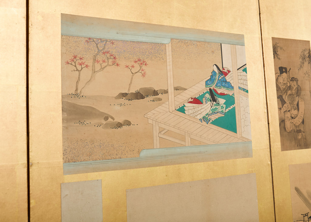 Pair Japanese Edo Six Panel Harimaze Decoupage Screens