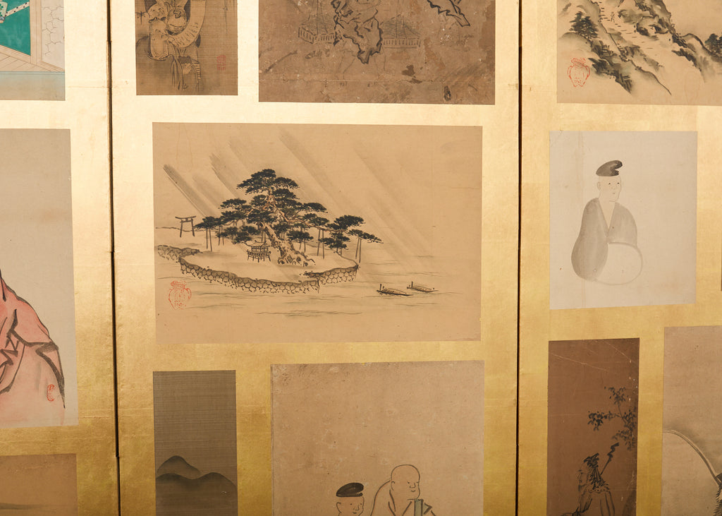 Pair Japanese Edo Six Panel Harimaze Decoupage Screens