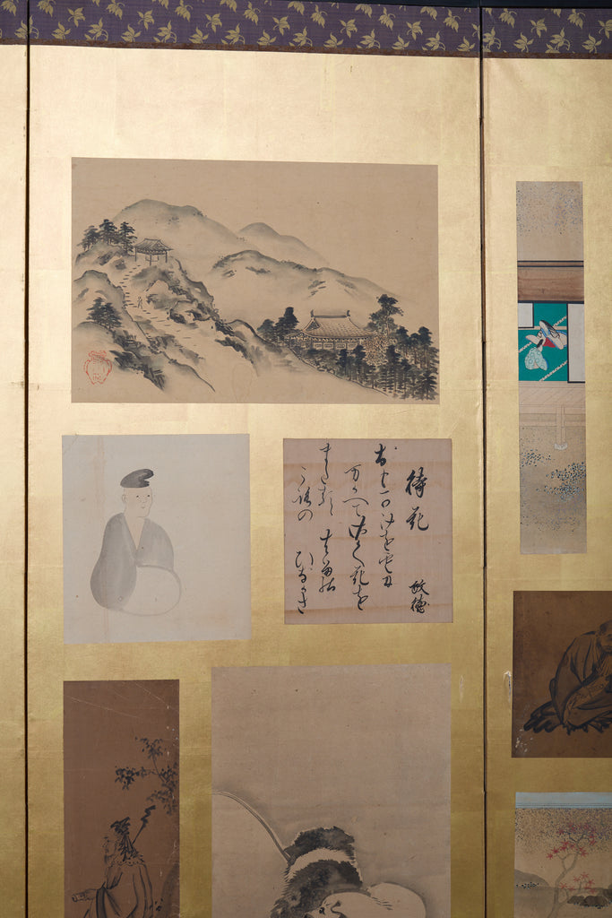 Pair Japanese Edo Six Panel Harimaze Decoupage Screens