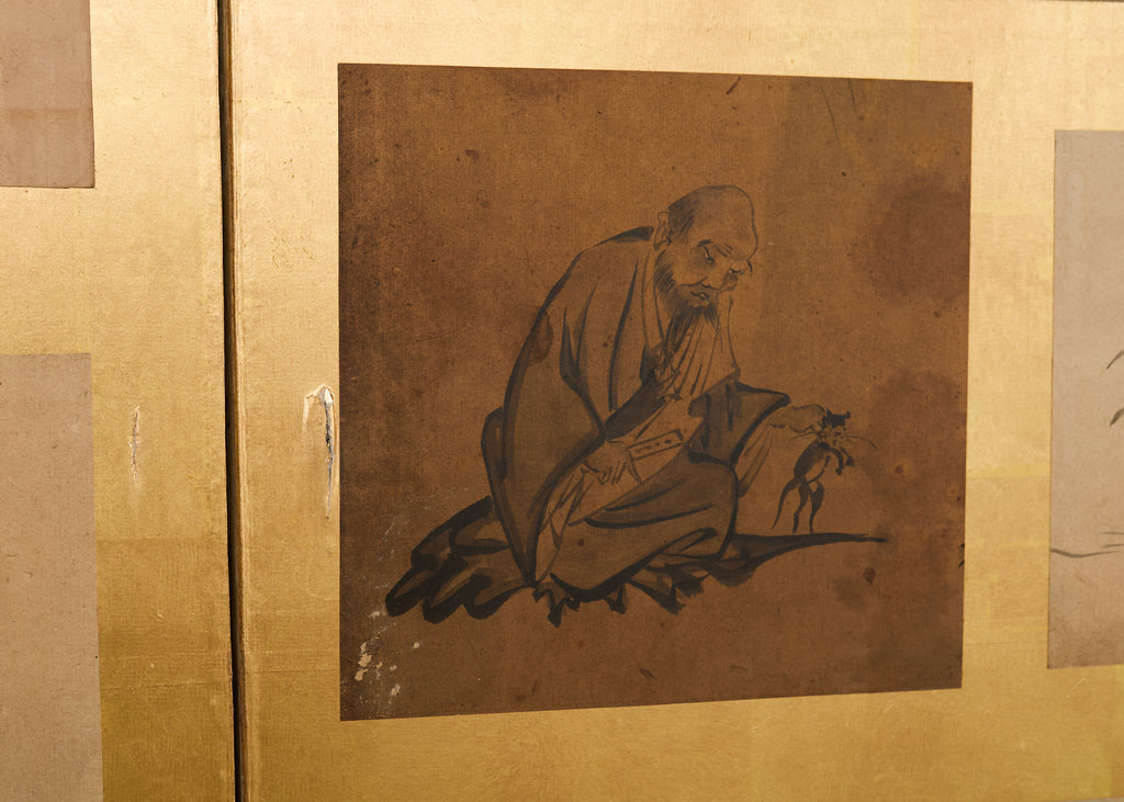 Pair Japanese Edo Six Panel Harimaze Decoupage Screens