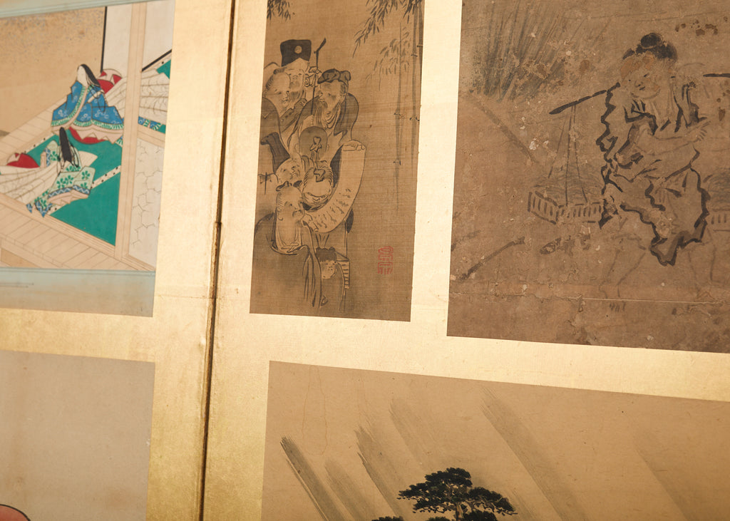 Pair Japanese Edo Six Panel Harimaze Decoupage Screens