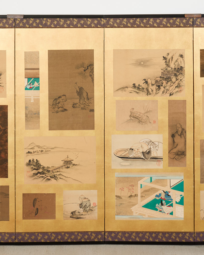 Pair Japanese Edo Six Panel Harimaze Decoupage Screens