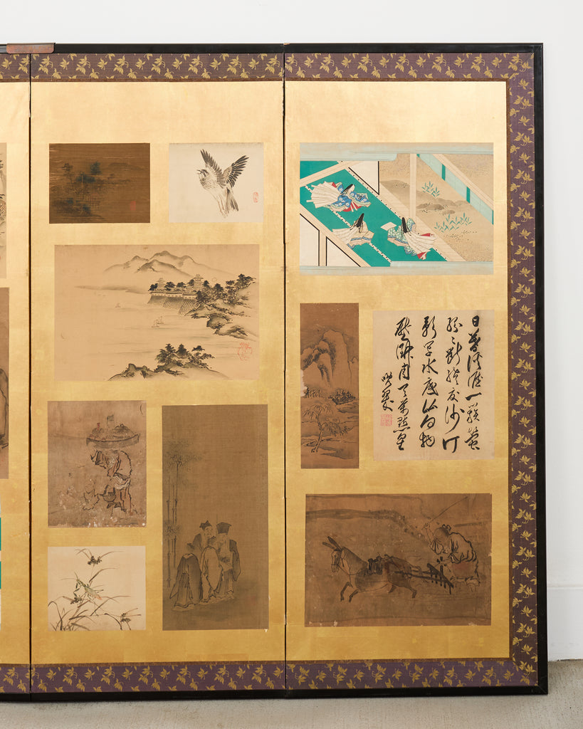 Pair Japanese Edo Six Panel Harimaze Decoupage Screens