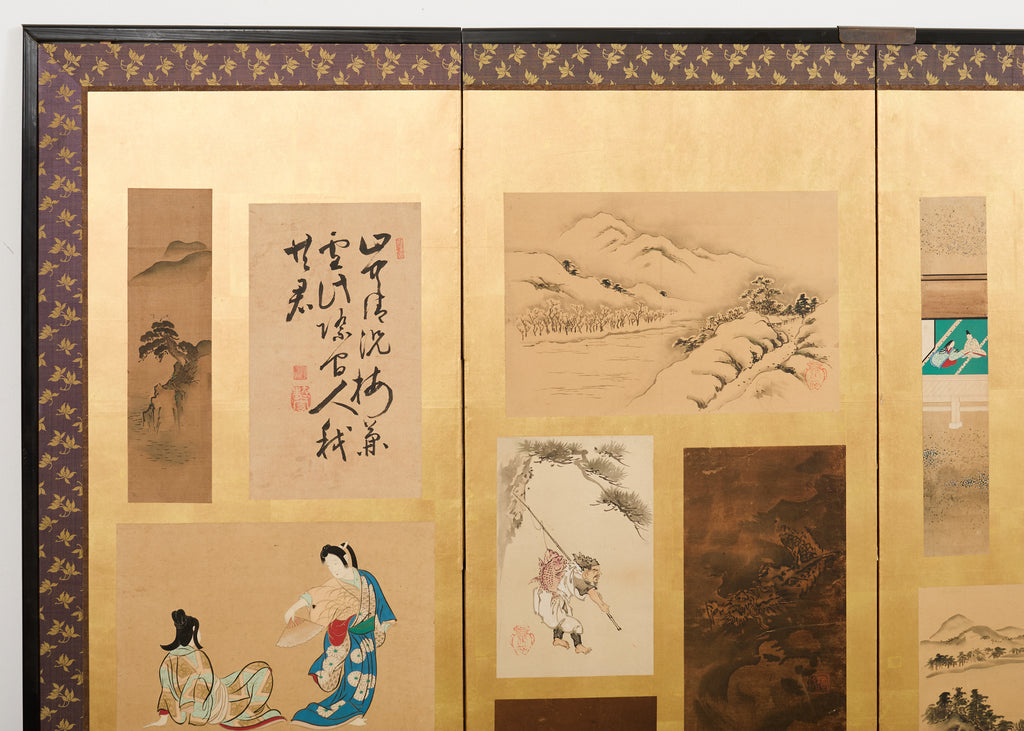 Pair Japanese Edo Six Panel Harimaze Decoupage Screens