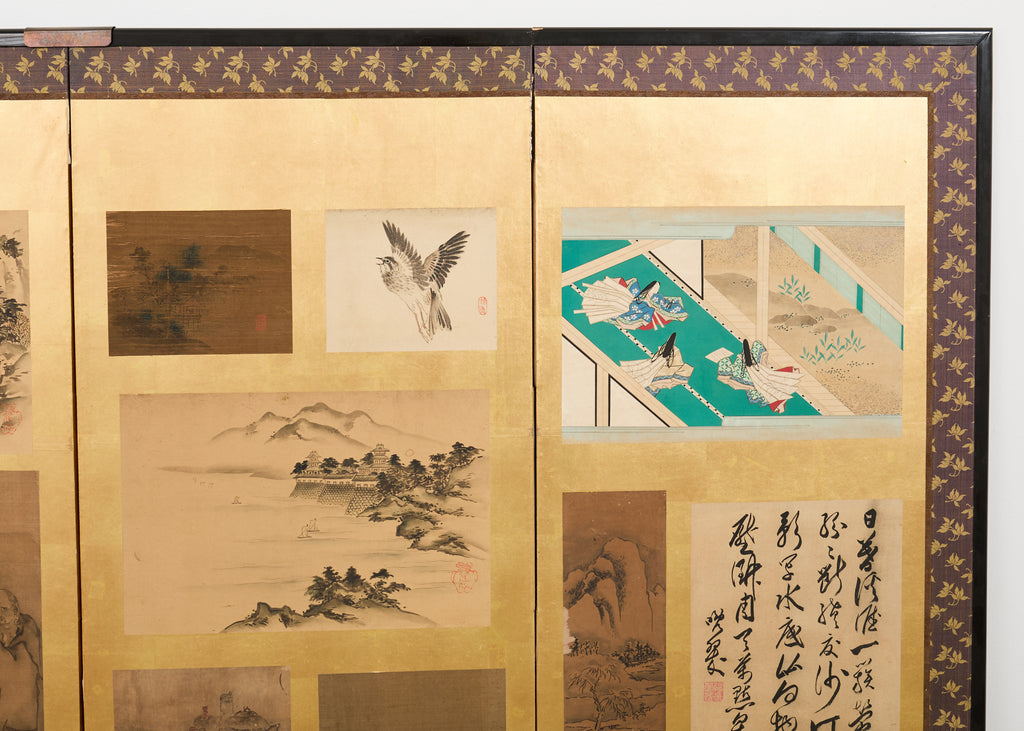 Pair Japanese Edo Six Panel Harimaze Decoupage Screens