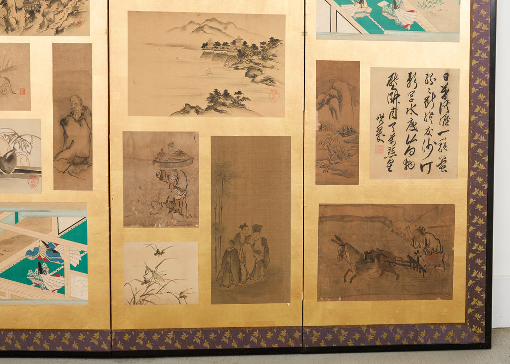 Pair Japanese Edo Six Panel Harimaze Decoupage Screens