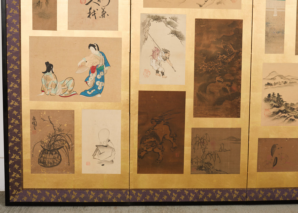 Pair Japanese Edo Six Panel Harimaze Decoupage Screens