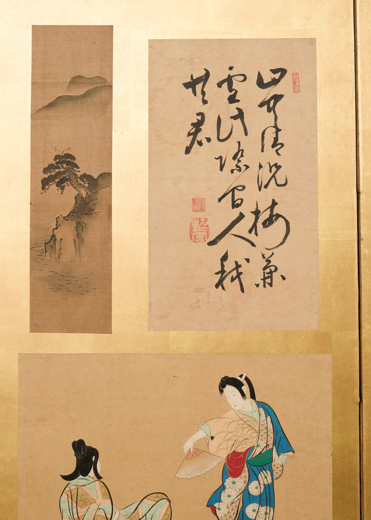 Pair Japanese Edo Six Panel Harimaze Decoupage Screens