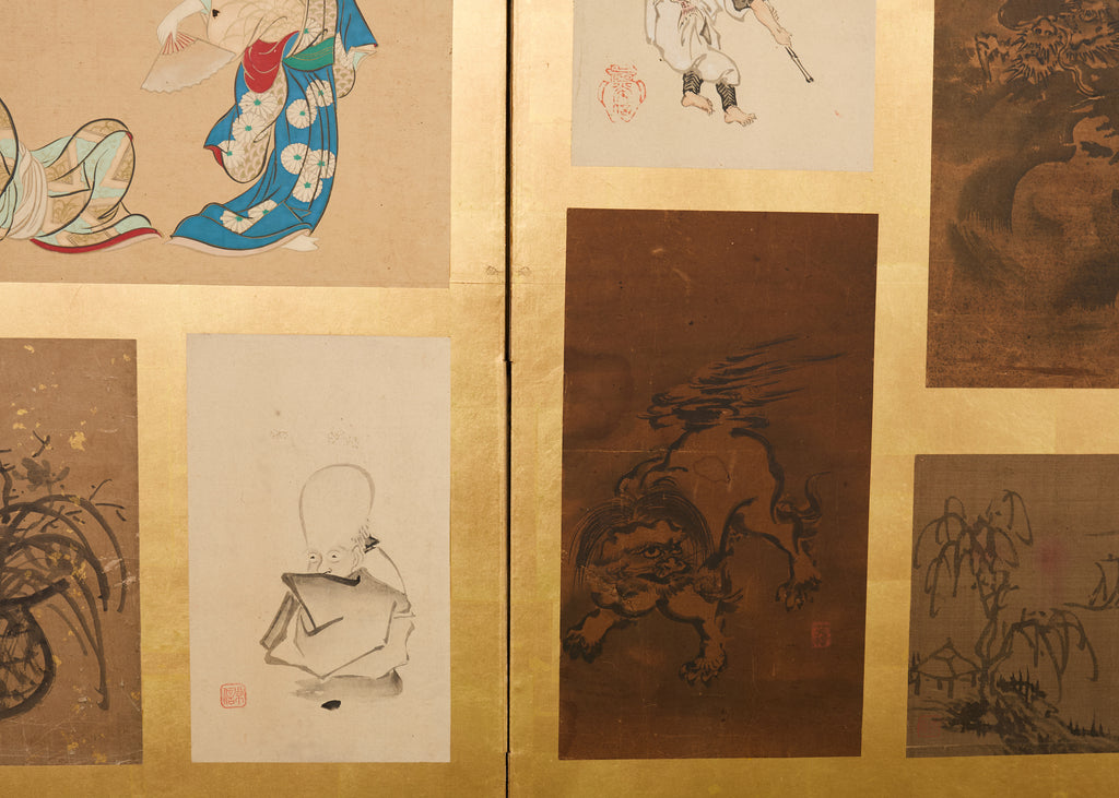 Pair Japanese Edo Six Panel Harimaze Decoupage Screens